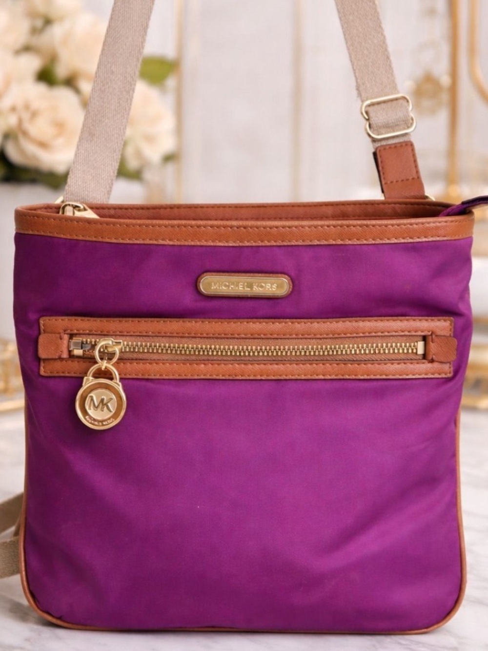 Michael Kors Purple Crossbody with Tan Trim and Gold Hardware